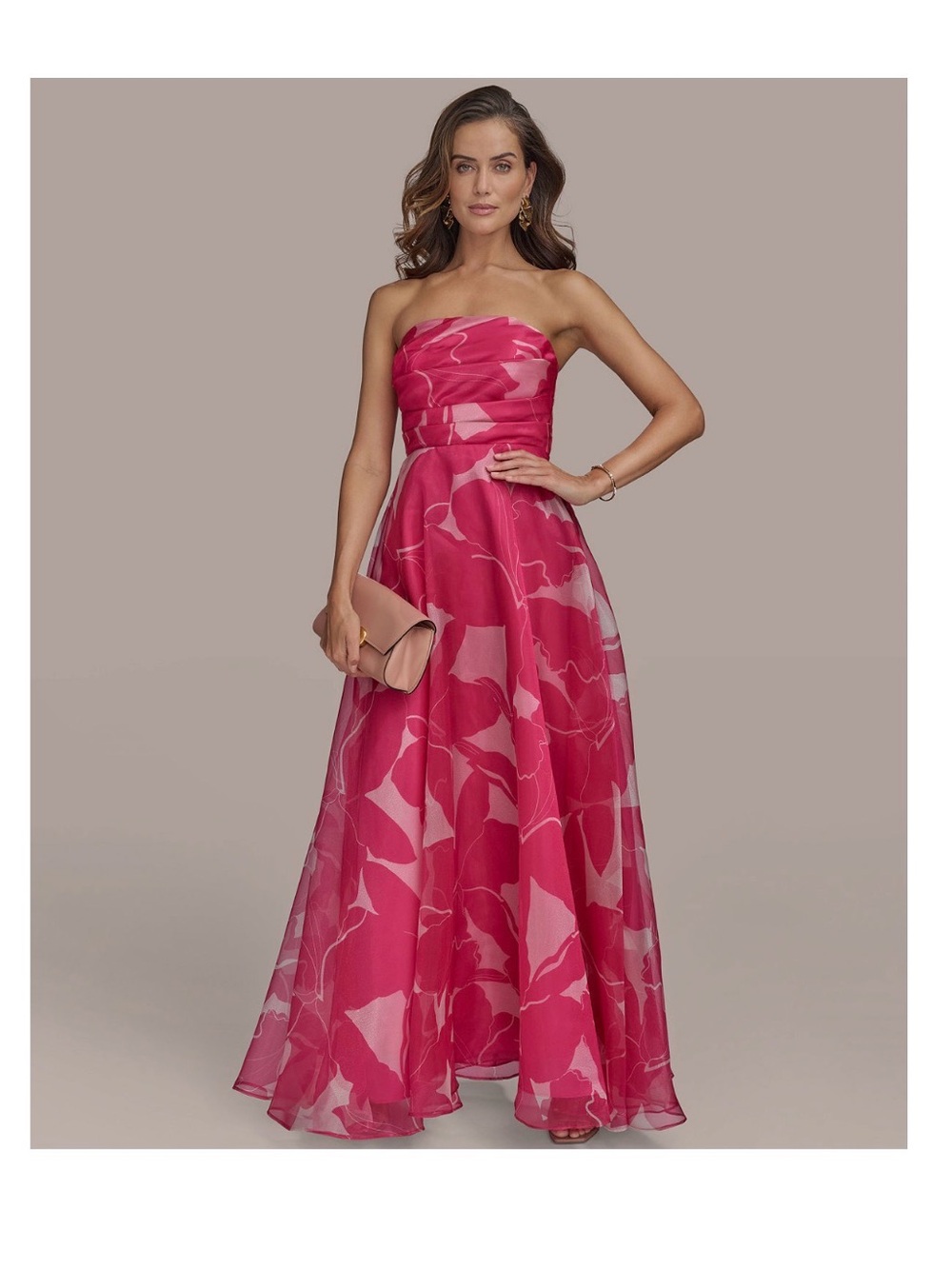 Donna Karan Strapless Hot Pink and Light Pink Floral-Print Evening Gown